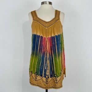 Boho Festival Hippie Psychedelic Tie Dye Top One Size Rainbow Floral Embroidered